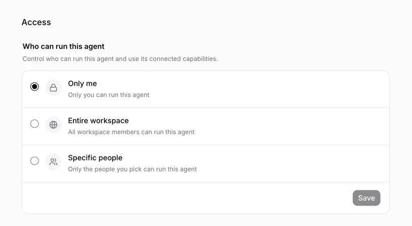 Access 設定:Only me、Entire workspace、Specific people の 3 択