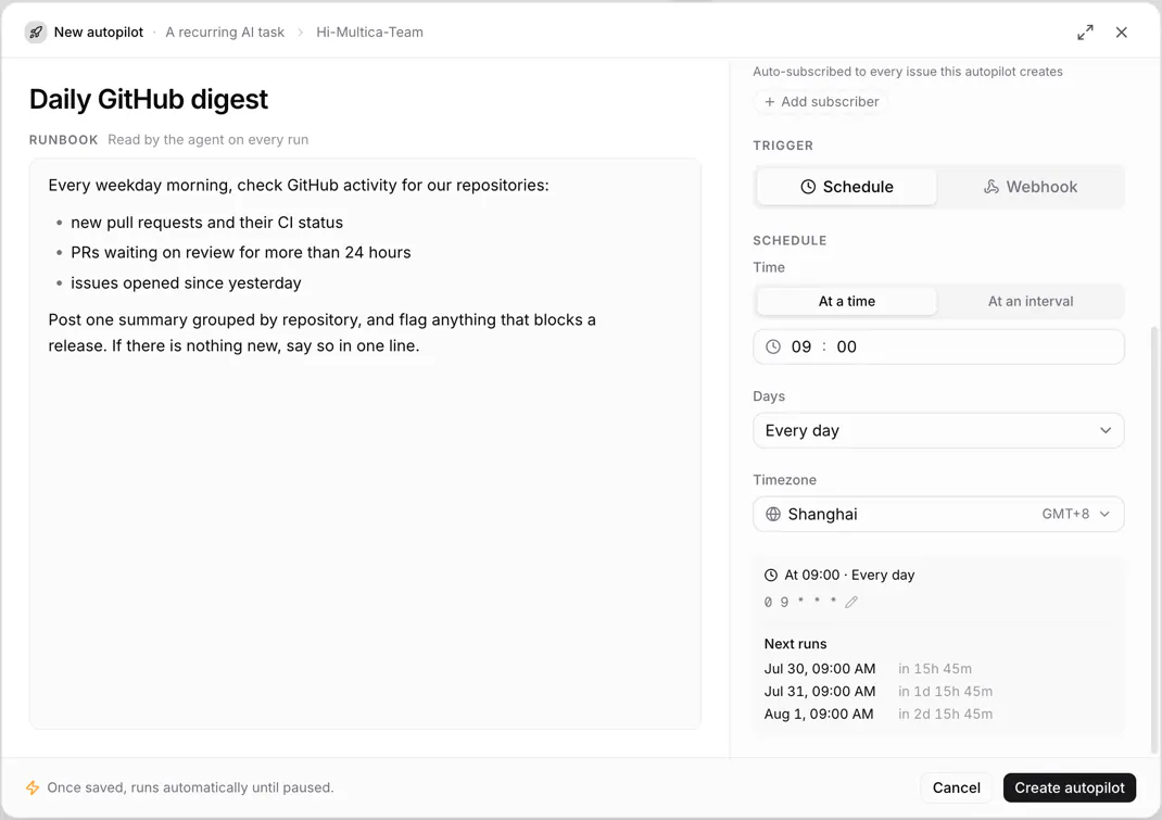 オートパイロットエディター。Runbook、スケジュール設定、次回以降の実行プレビューが表示されています。