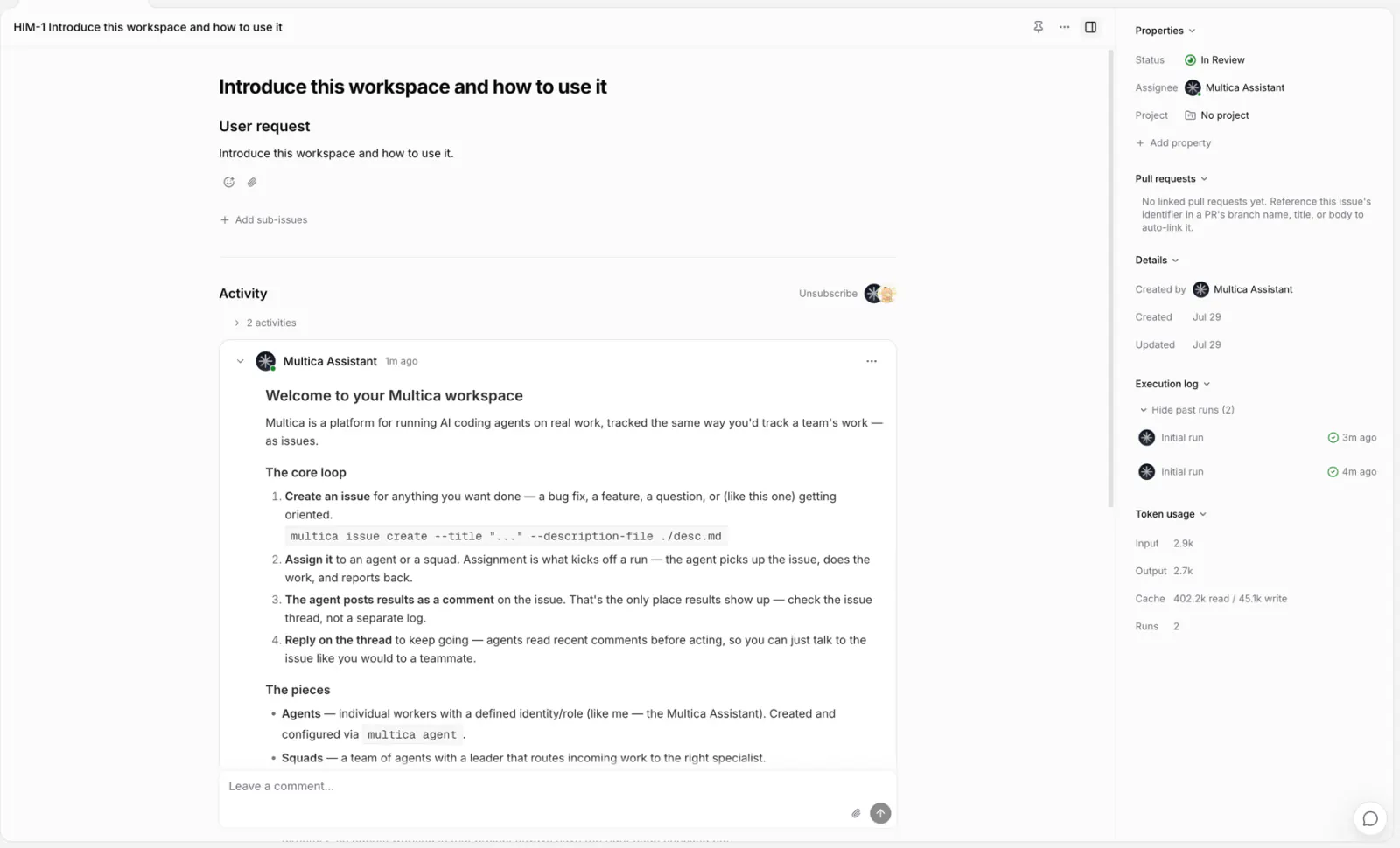 Execution log in the issue sidebar: active runs above past runs