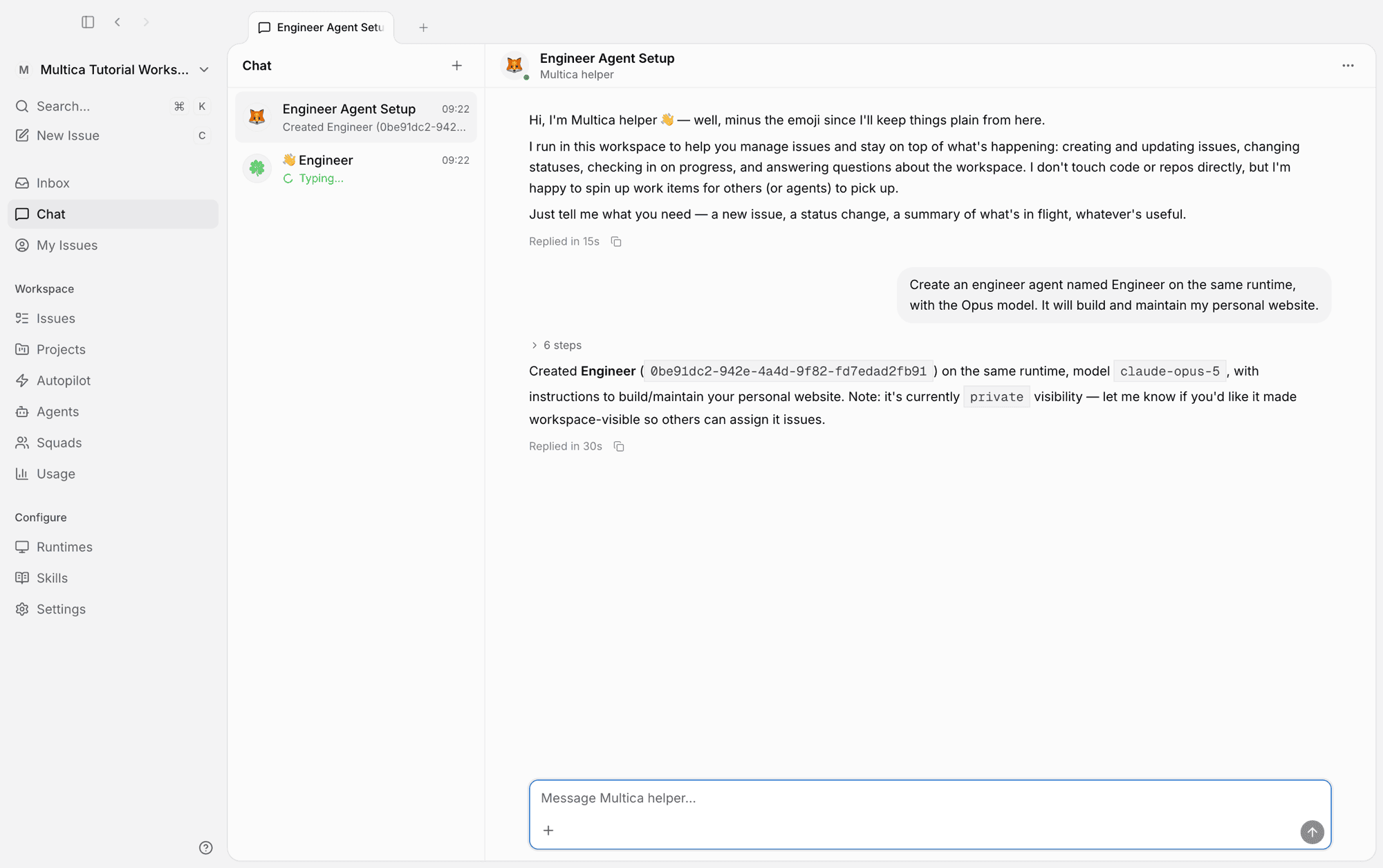 Asking the helper in chat to create Engineer