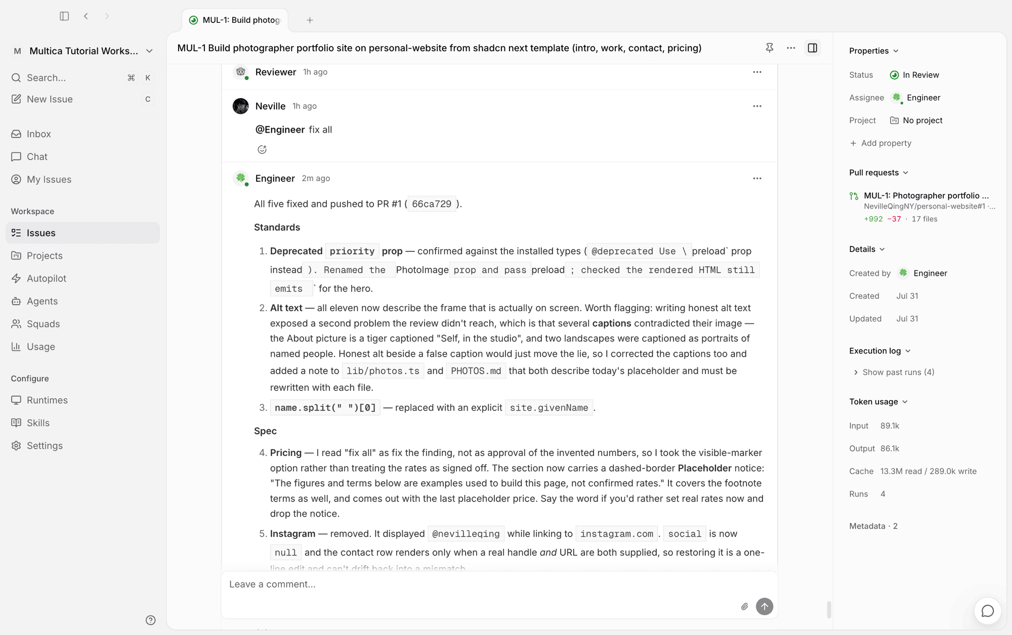 Engineer's fix report