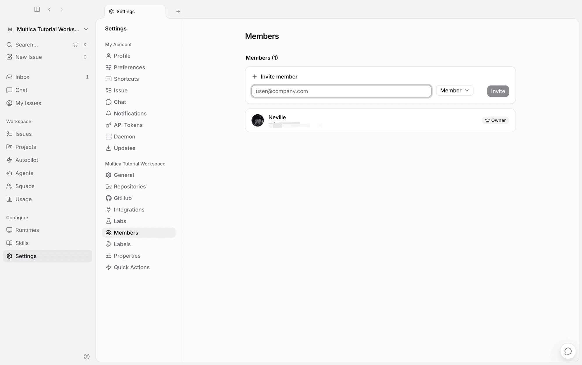 Inviting a member to the workspace by email