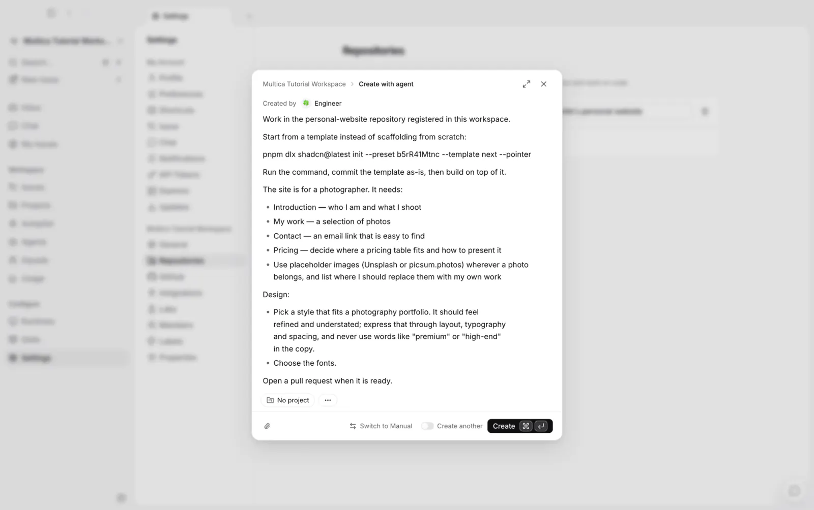 新規タスクのエージェントモード:作成者に Engineer を選択済み