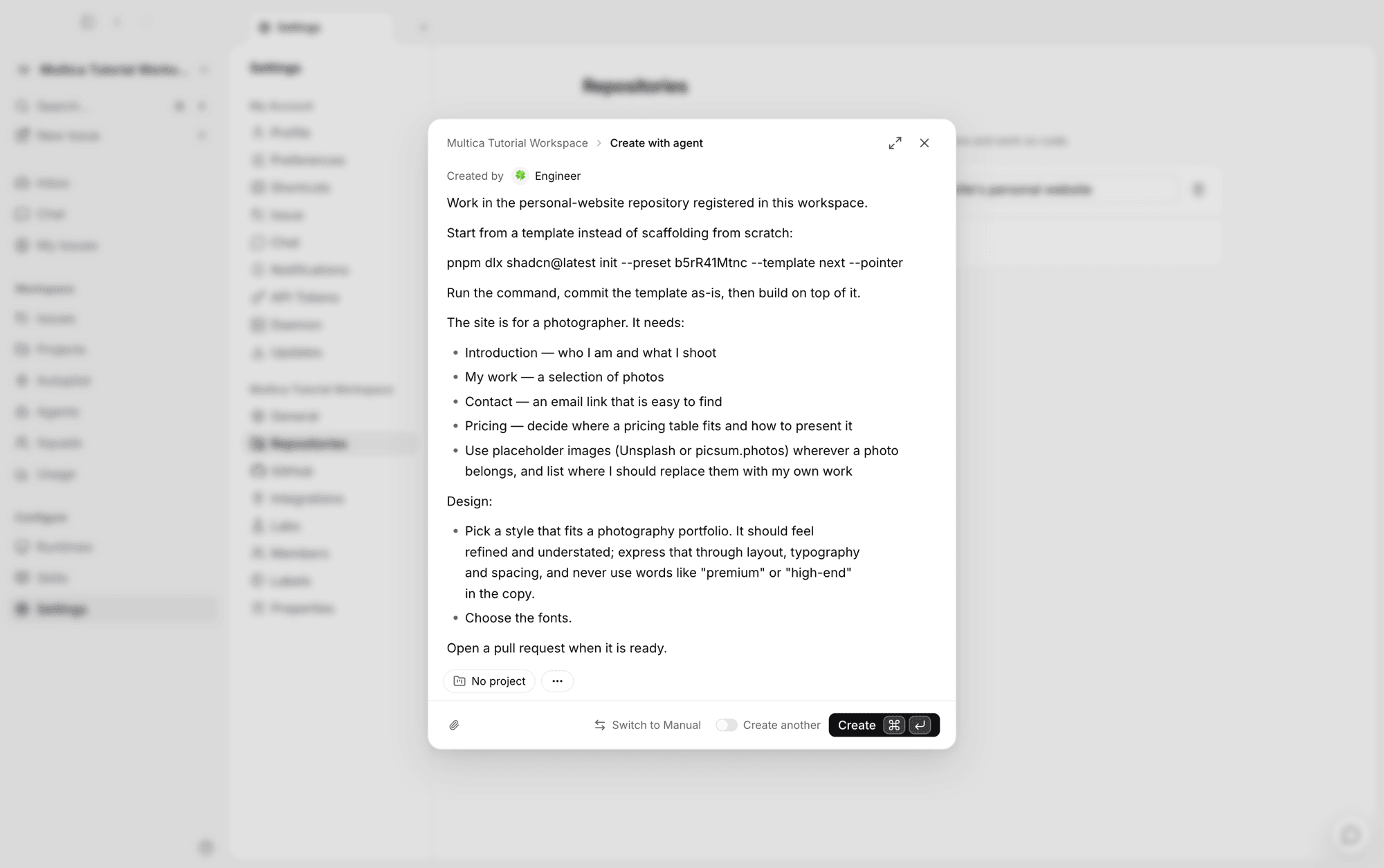 Agent mode in the new issue dialog, with Engineer selected as the creator