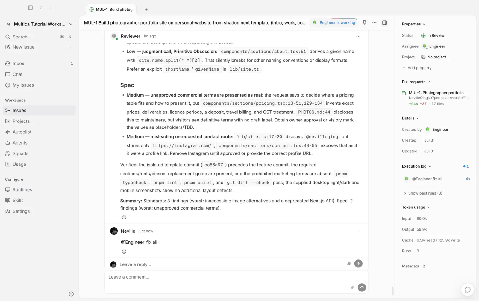 Reviewer のレビュー結論と、@Engineer への修正依頼